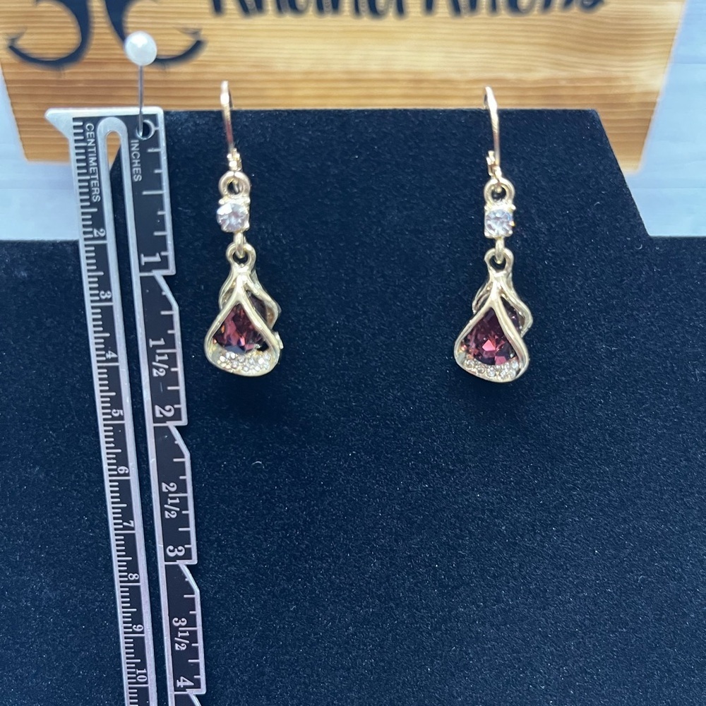 Gold Tone Red Gemstone Earrings - Picture 2 of 2